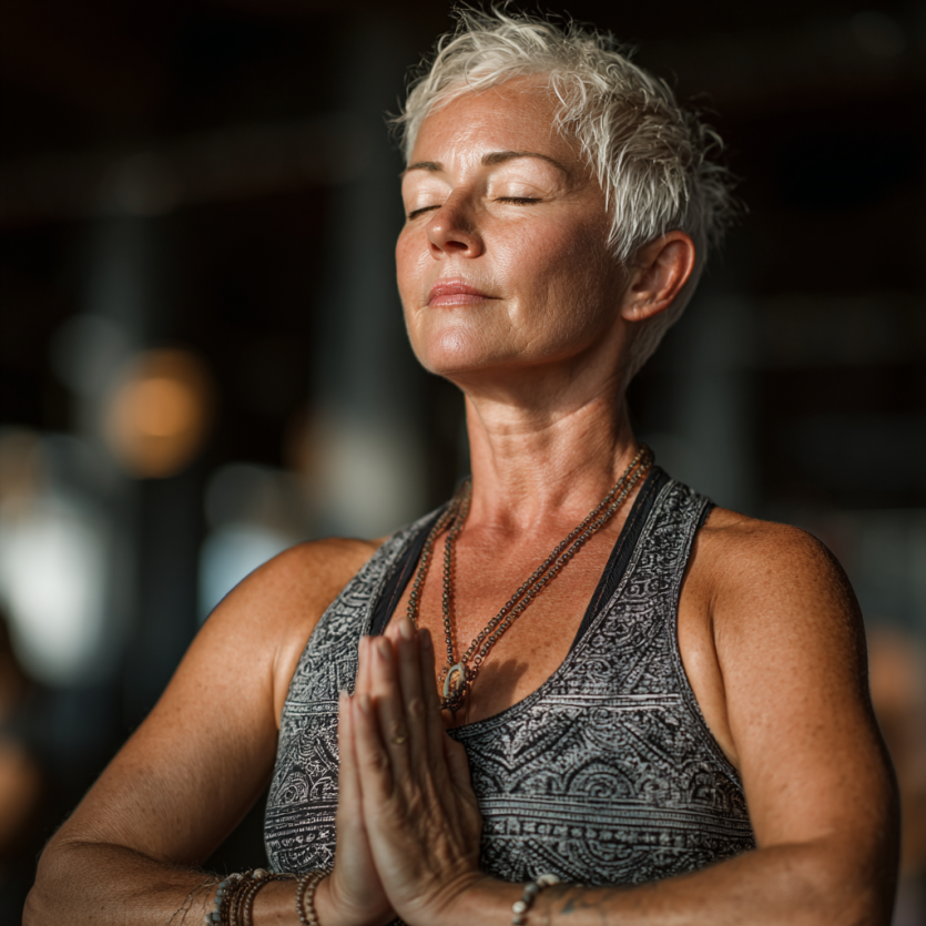 Пожилі люди займаються йогою