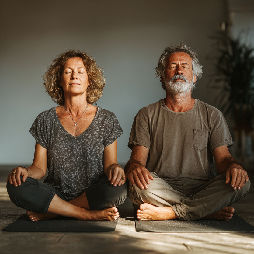 Група пожилих людей займається йогою